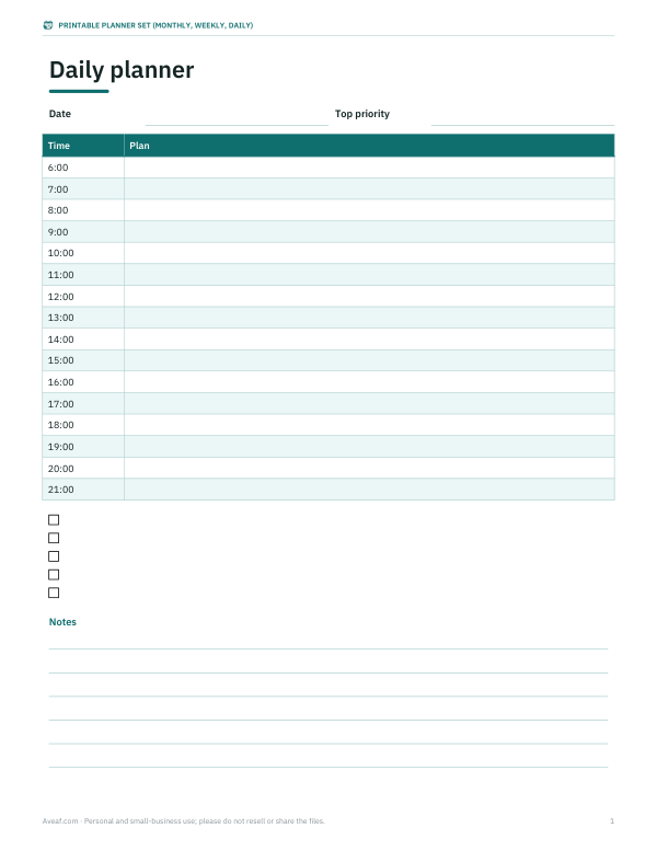 Preview of Printable Daily Planner Sheet