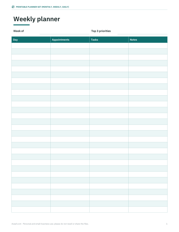 Preview of Printable Weekly Planner